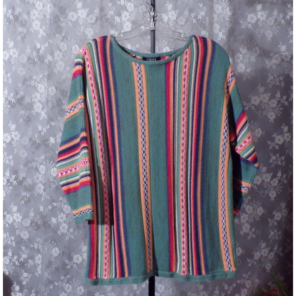 Vintage 90s Chaps Southwestern Stripe Sweater Cotton Linen Boho Hippie Size XL
